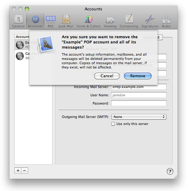 mac mail remove account not in accounts